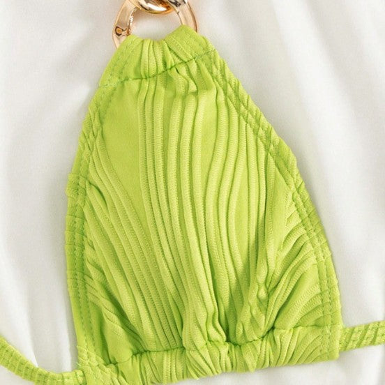 Wholesale  Corrugated Cloth Metal Ring Strap Bikini Sexy Beach Halter Women's Swimsuit